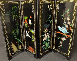 Vintage Chinese Four-Panel Lacquer Table Screen with Mother of Pearl Inlay