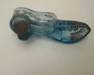 Vintage Fenton Blue Glass Slipper Figurine with Hand-Painted Floral Design