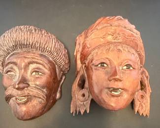 Vintage Hand-Carved Wooden Balinese Male and Female Masks