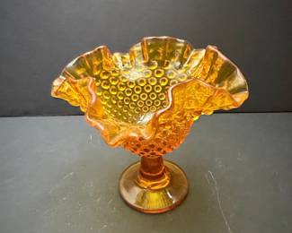 Fenton Amber Hobnail Ruffled Compote