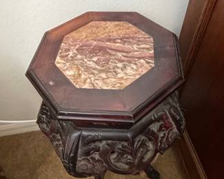 Antique Chinese Carved Rosewood Pedestal Stand with Marble Top
