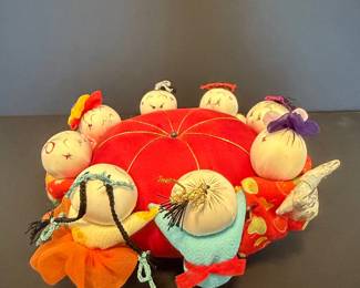 Vintage Chinese Chirimen Fabric Pin Cushion with 8 Dolls