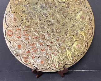 Vintage Hand-Etched Brass and Copper Peacock Plate