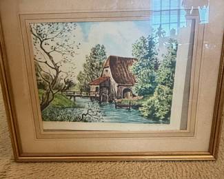 Vintage Watermill Landscape Etching Print