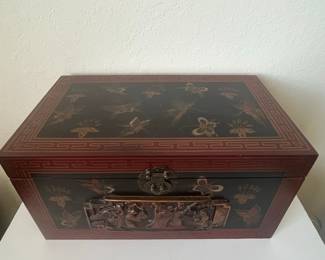 Chinese Export Lacquer and Brass Relief Keepsake Box