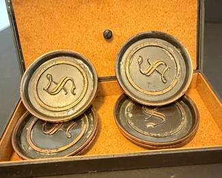 Vintage L.E. Mason Co. Boston Monogrammed Copper Coasters Set in Case