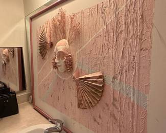 Lee Young Mixed Media Assemblage Wall Art with Mask and Fans
