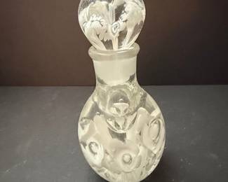 Vintage Glass Perfume Bottle with Floral Etching and Stopper