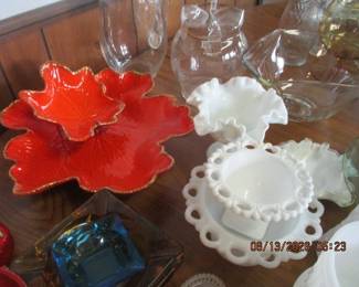 Mid century orange serving piece, Fenton Basket and Open lace milk glass