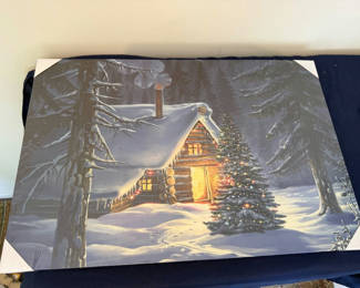 Lot 190: Battery-operated canvas print: winter cabin and Christmas tree