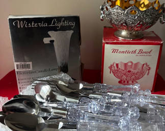 Lot 167: Crystal-handled flatware set with ornate silver bowl and Victorian candle lamp kit