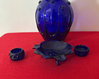 Lot 64: Cobalt Blue Glass Vase with Metal Handles, Leaf-Shaped Dish, and Small Jars