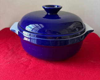 Lot 140: Blue Emile Henry lidded casserole with white ceramic dish
