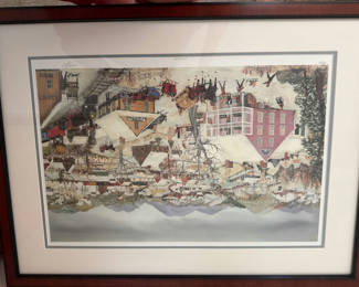 Lot 15: Will Moses Winter Fun - framed art print of winter village scenes