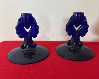 Lot 59: Pair of cobalt blue glass candlesticks