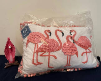 Lot 196: Pink Flamingo Decorative Pillow and Figurine