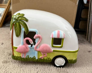 Lot 106: Ceramic Light Up Flamingo Camper Trailer Figurine
