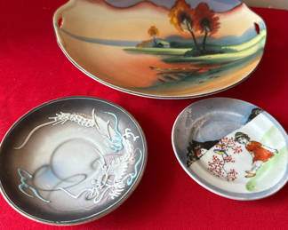 Lot 152: Assorted Japanese porcelain bowls and platter with landscape, dragon and girl motifs
