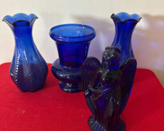 Lot 62: Cobalt Blue Glass Vases and Angel Figurine