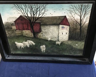Lot 16: Framed farmyard scene with barn and sheep 18x14