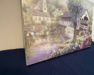 Lot 198: Pastoral landscape canvas print with bridge and flowers