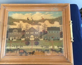 Lot 33: Framed folk-art print of houses and horse-drawn carriages 16x13.5