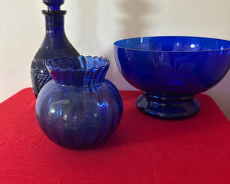 Lot 69: Cobalt blue glass decanter, vase, and bowl