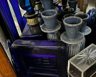 Lot 92: Cobalt blue glassware with candlesticks and a clear etched box