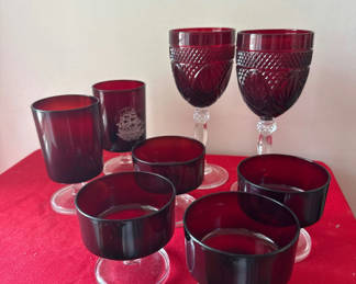 Lot 126: Cranberry Glassware Set: Stemmed Goblets and Stemmed Glasses
