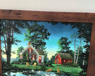 Lot 31: 23.5x19.5 Framed landscape painting with cottage, barn, pond and dogs