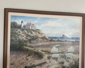 Lot 74: Robert Wee - Coastal painting with lighthouse, house and chairs