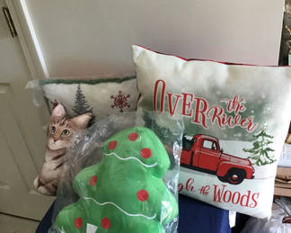 Lot 11: Christmas-themed decorative pillows and plush Christmas tree