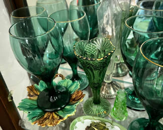 Lot 96: Emerald green glassware collection (goblets, decanter, vase, and decorative dish)