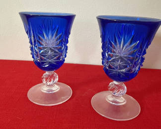 Lot 61: Edo Kiriko or Keimei Pair of cobalt blue cut-glass goblets