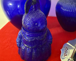 Lot 70: Blue Glass Vases, Rabbit Figurine, and Leaf Dish on Stand