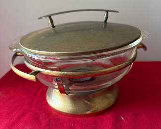 Lot 156: Vintage glass fondue pot with metal lid and brass base