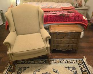 neutral wing-back chair, small chest is solid wood by Ethan Allen