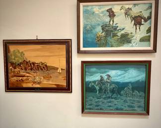 Wood marquetry art and western prints on paperboard
