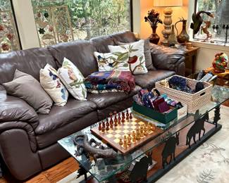 Leather sofa and metal art western coffee table