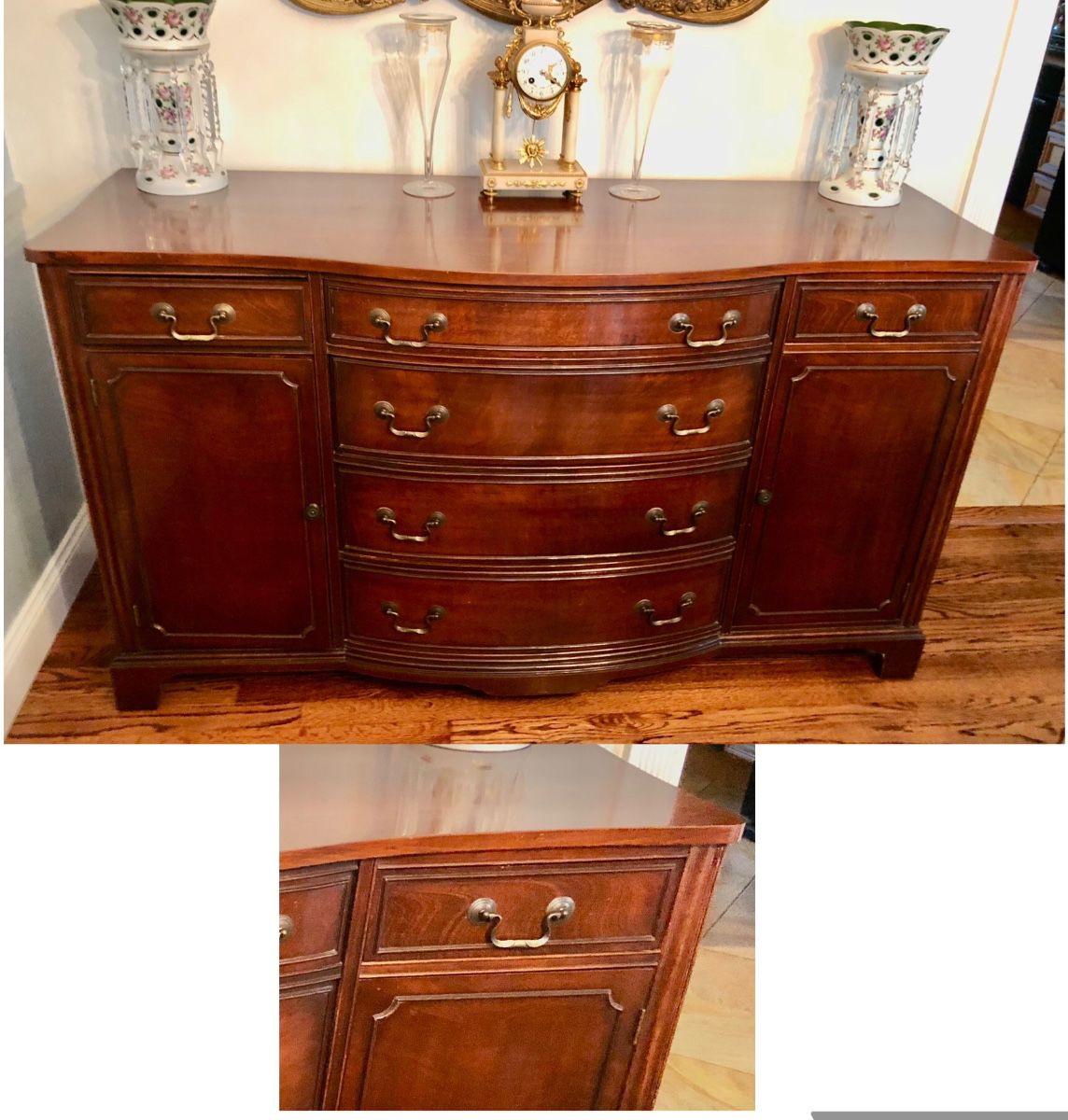 . Antique Duncan Phyfe Style Sideboard / Buffet with 6 Drawers, 2 Cabinets is 61.5 inches long X 19.5 inches deep X 35.5 inches tall. Matches the China Cabinet. Dark Wood Duncan Phyfe Style 1 Piece China Cabinet / Hutch Matches the Buffet, is 44.5 inches wide X 15.5 inches deep X 73.5 inches tall. Glass Top, 3 Shelves, Bottom has 3 Drawers and a Cabinet on both sides. $1000 for the 2 Piece SET or $600 each