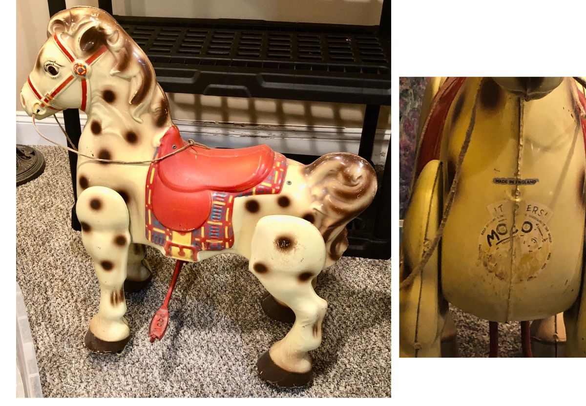* Vintage 1940-50s Mobo Pressed Steel Ride On Steel Bronco Pedal Rocking Horse