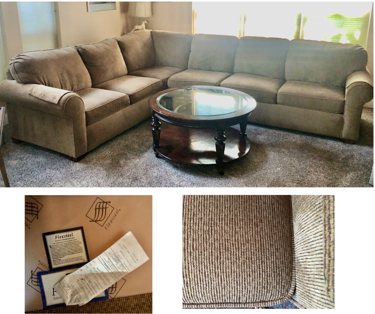 Flexsteel 3 piece Tan Sectional is 35 inches deep front to back x 34.5 inches tall, piece w/ 2 cushions is 54 inches long x the smallest 1 cushion piece in the middle is 24 inches long x 93 1/2 on the longest piece that includes the corner. $300