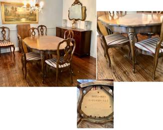 Thomasville Camille Collection Dining Room Table has 2 Leaves and 6 Chairs, 2 - 20 inch Leaves, 41.5 smallest length w/out leaves x 42 inches wide X 30 inches tall Set $300 for the Table and Chairs SET or $200 just for the Chairs and $200 just for the Table.