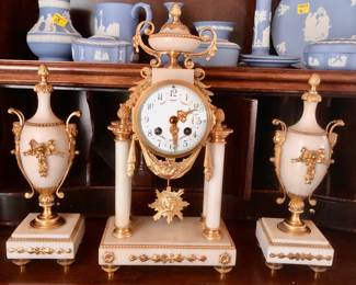Louis XVI Portico Clock in White Marble (Ormolu?) & Gilt Bronze with a Pair of Cassolettes ***BRING CLOCK KEYS To Try*