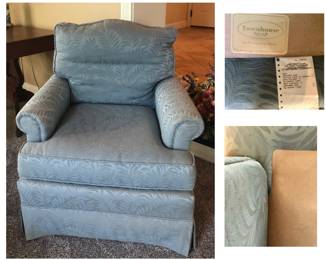Pennsylvania House Blue Fabric Armchair is 33 inches deep x 31 inches tall x 30 inches wide $45  