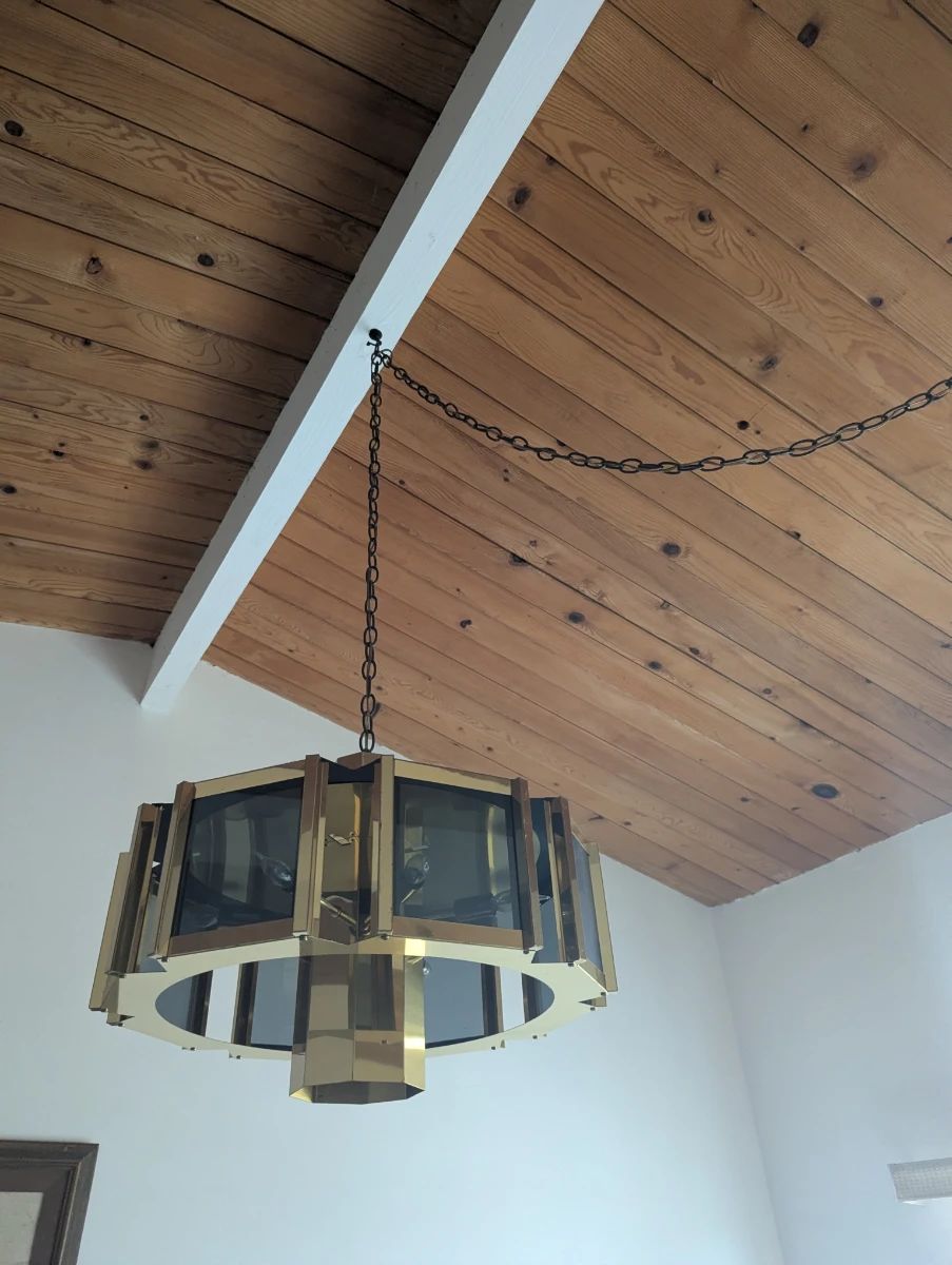 Brass Smoked Glass MCM Chandelier