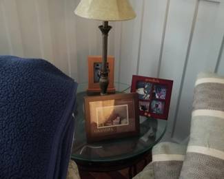 Glass top table; table lamp