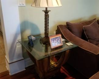 Glass top end table - 2 available; table lamp