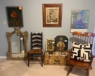 Vintage religious prints, chair