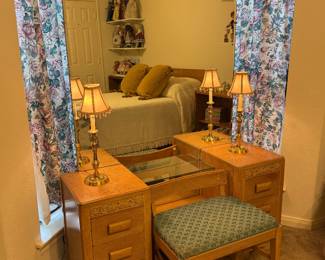 Vintage Blonde Mid-Century vanity with matching bench.